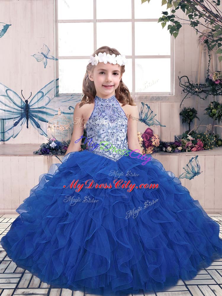 High-neck Sleeveless Kids Pageant Dress Floor Length Beading and Ruffles Blue Tulle