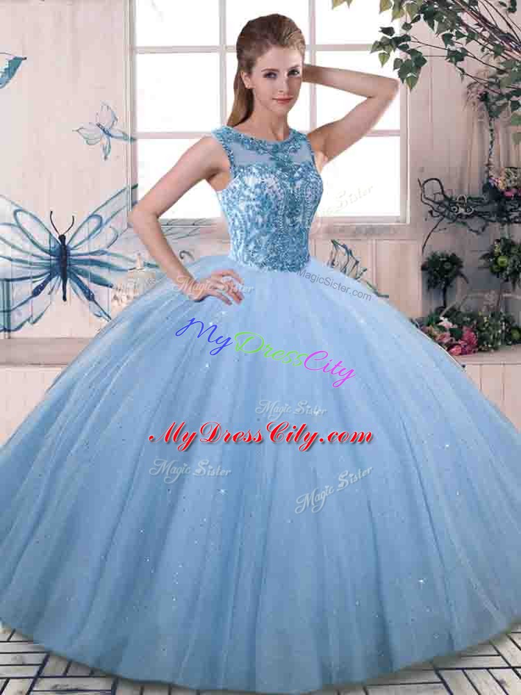 Exquisite Blue Ball Gowns Tulle Scoop Sleeveless Beading Floor Length Lace Up 15th Birthday Dress