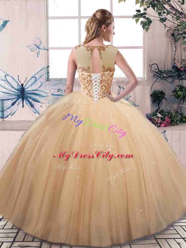 Exquisite Blue Ball Gowns Tulle Scoop Sleeveless Beading Floor Length Lace Up 15th Birthday Dress