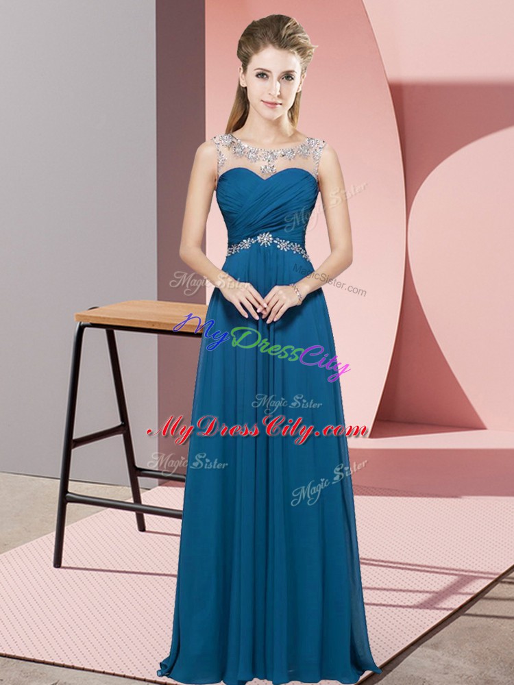 Stylish Teal Sleeveless Floor Length Beading Backless