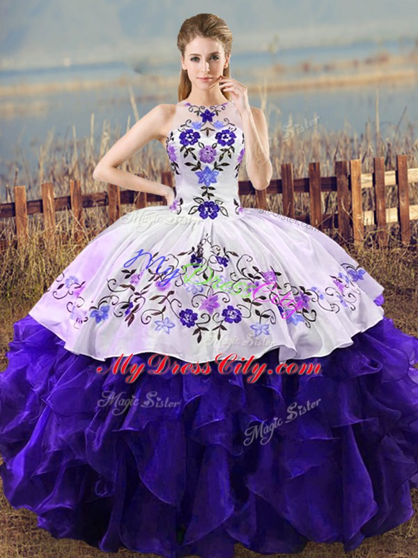 White And Purple Sleeveless Embroidery and Ruffles Floor Length Quinceanera Gowns