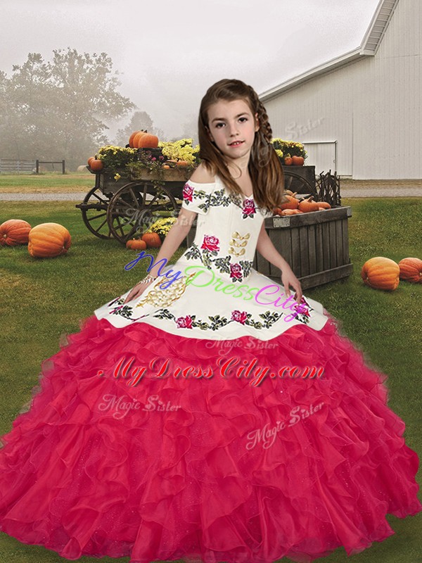 Stunning Sleeveless Floor Length Embroidery and Ruffles Lace Up Pageant Gowns For Girls with Coral Red