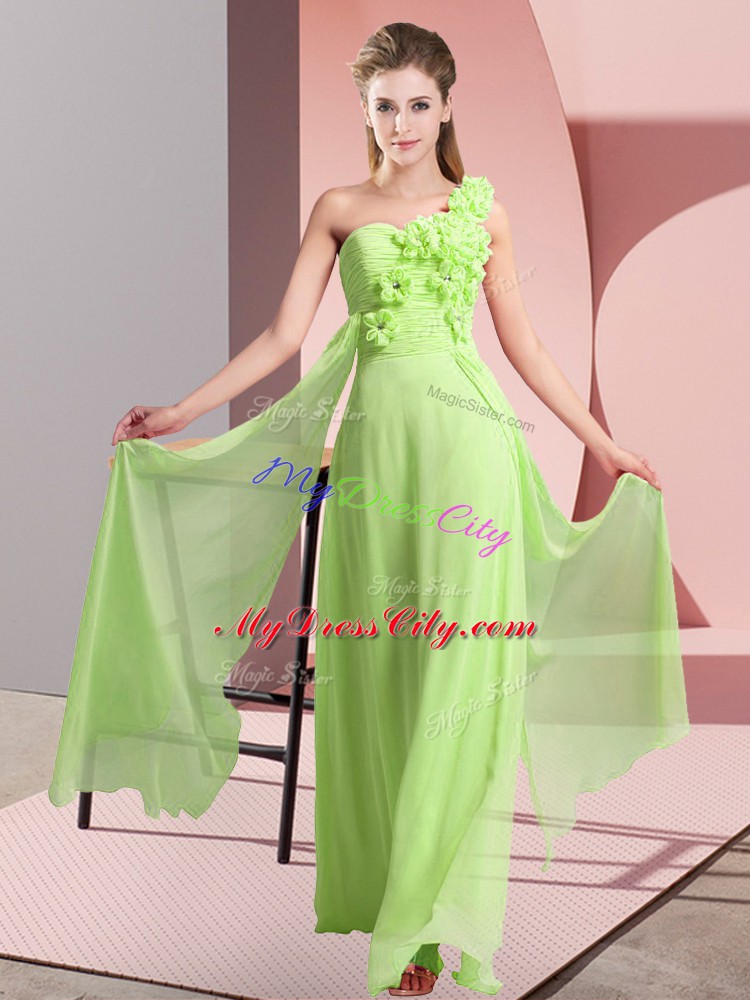 One Shoulder Sleeveless Lace Up Quinceanera Dama Dress Yellow Green Chiffon