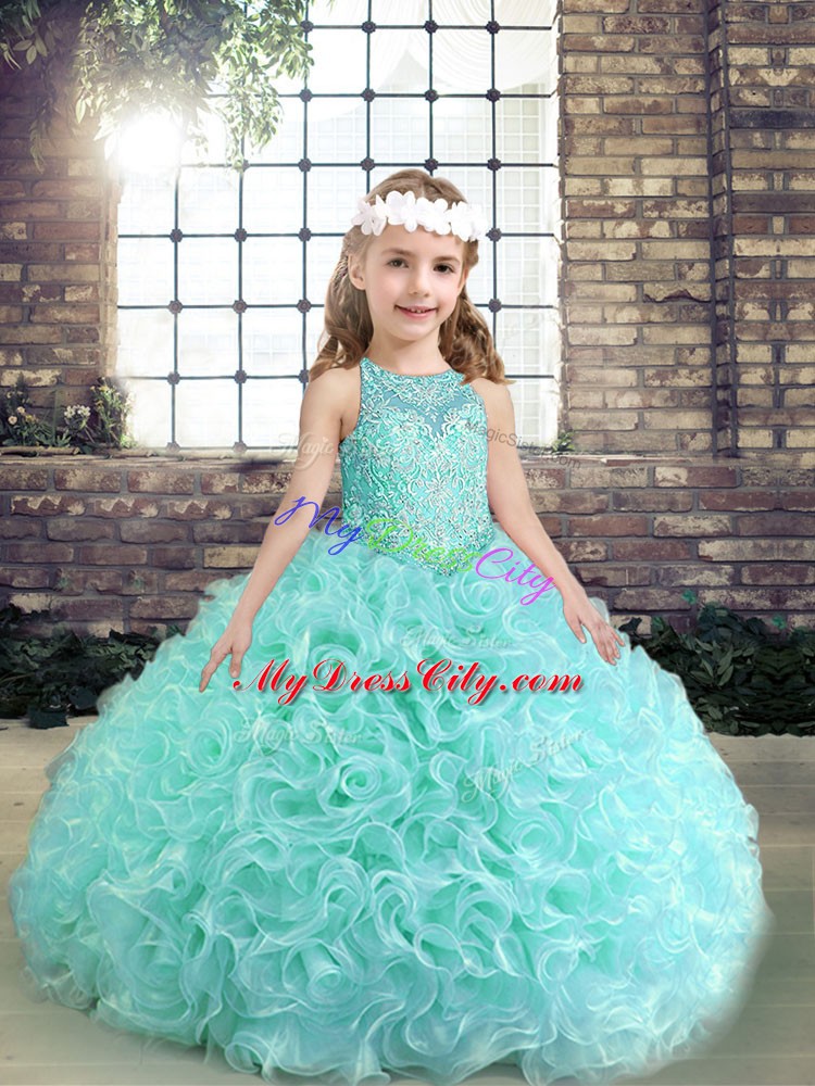 Popular Apple Green Sleeveless Floor Length Beading Lace Up Pageant Gowns