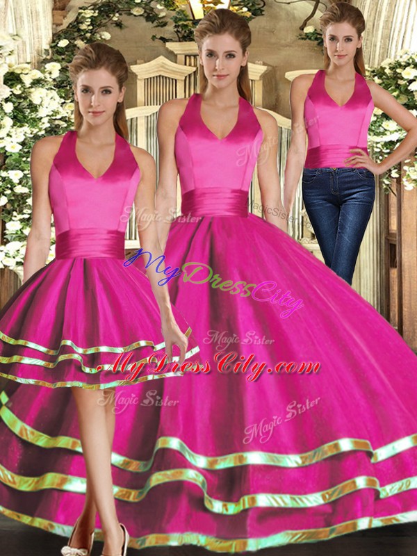 Hot Selling Fuchsia Sleeveless Ruffled Layers Floor Length Sweet 16 Dress