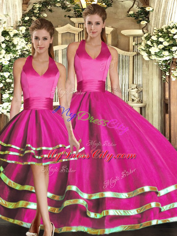 Hot Selling Fuchsia Sleeveless Ruffled Layers Floor Length Sweet 16 Dress