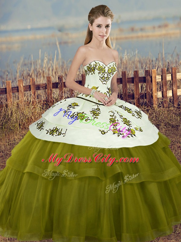 Olive Green Quinceanera Gown Military Ball and Sweet 16 and Quinceanera with Embroidery and Bowknot Sweetheart Sleeveless Lace Up