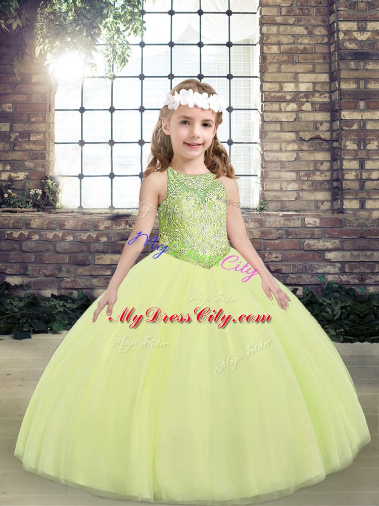 Light Yellow Scoop Lace Up Beading Child Pageant Dress Sleeveless