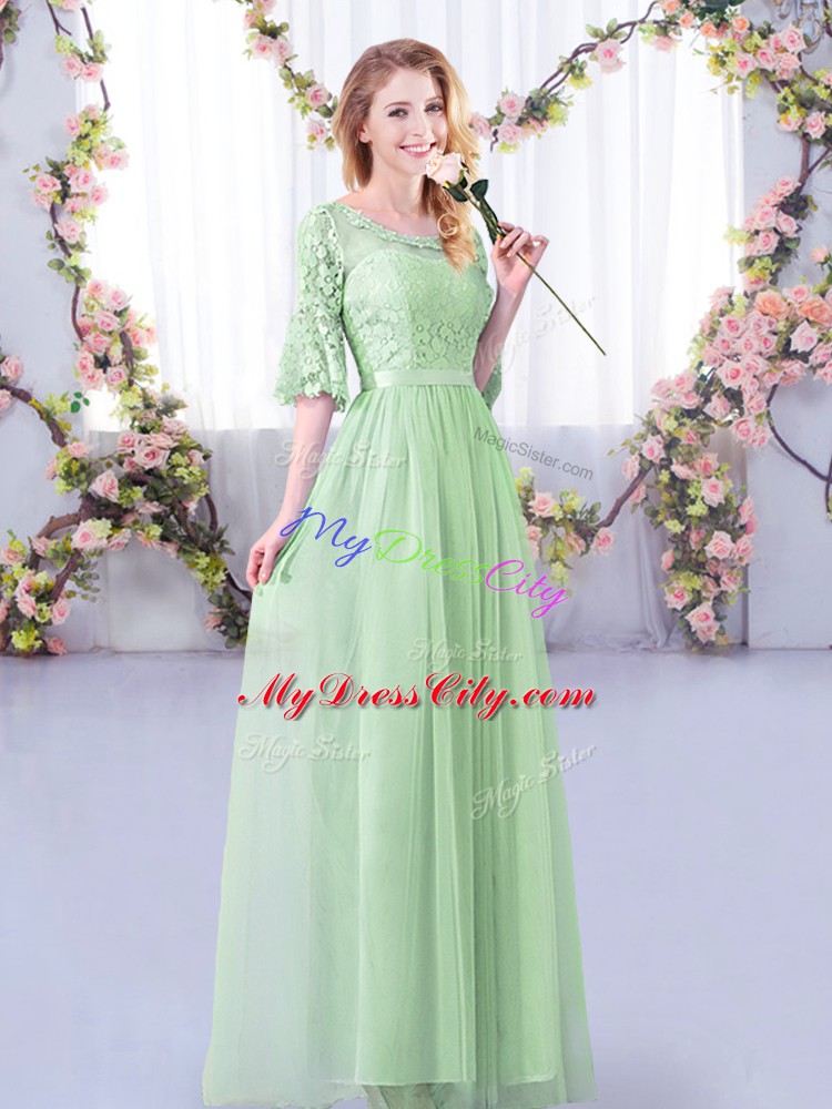 Great Apple Green Scoop Side Zipper Lace and Belt Wedding Party Dress Half Sleeves