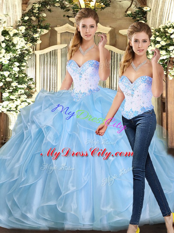 Romantic Sleeveless Floor Length Beading and Ruffles Lace Up Quinceanera Gowns with Blue