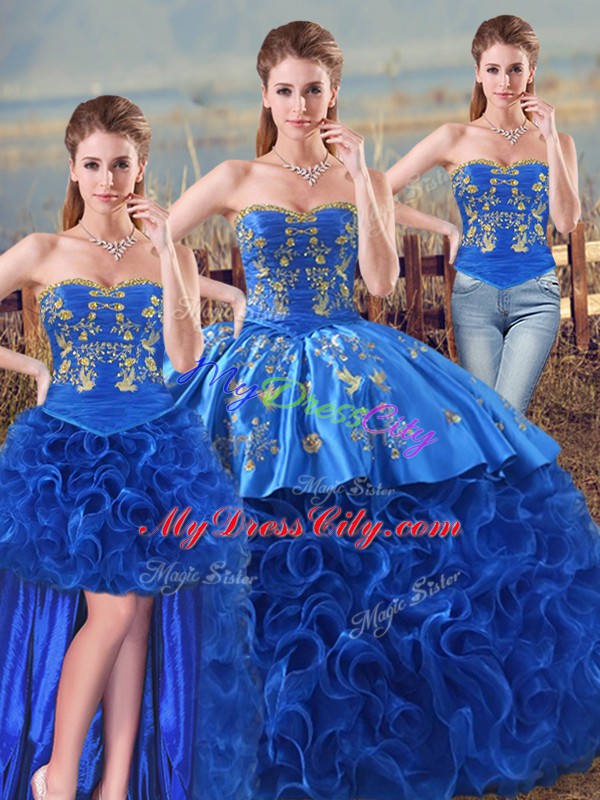 Fabric With Rolling Flowers Sweetheart Sleeveless Lace Up Embroidery and Ruffles 15 Quinceanera Dress in Royal Blue