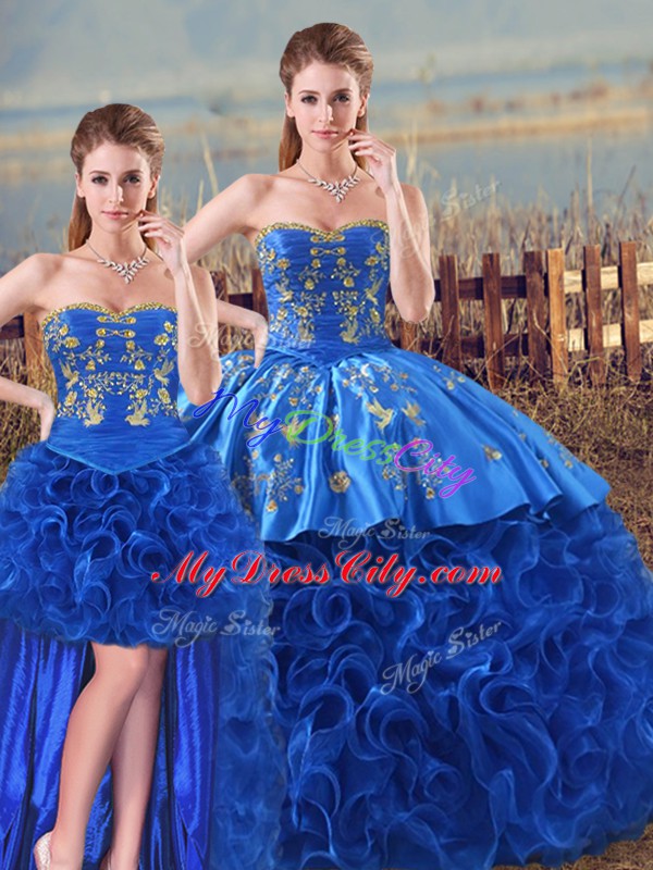 Fabric With Rolling Flowers Sweetheart Sleeveless Lace Up Embroidery and Ruffles 15 Quinceanera Dress in Royal Blue