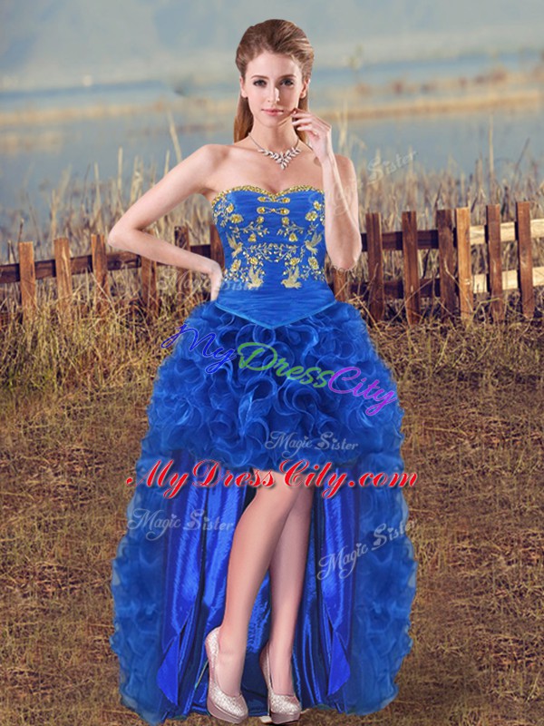 Fabric With Rolling Flowers Sweetheart Sleeveless Lace Up Embroidery and Ruffles 15 Quinceanera Dress in Royal Blue