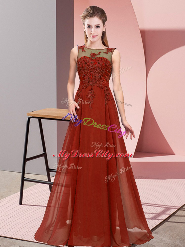 Rust Red Empire Chiffon Scoop Sleeveless Beading and Appliques Floor Length Zipper Dama Dress for Quinceanera