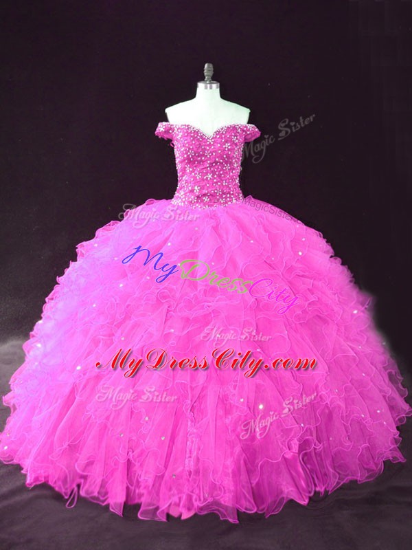 Fuchsia Sleeveless Tulle Lace Up Sweet 16 Dress for Sweet 16 and Quinceanera