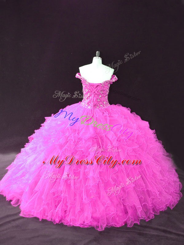 Fuchsia Sleeveless Tulle Lace Up Sweet 16 Dress for Sweet 16 and Quinceanera