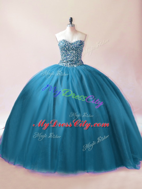 Best Selling Floor Length Teal Quinceanera Dresses Tulle Sleeveless Beading