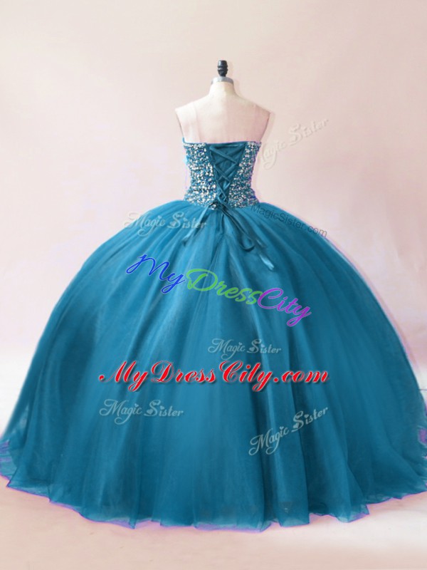 Best Selling Floor Length Teal Quinceanera Dresses Tulle Sleeveless Beading