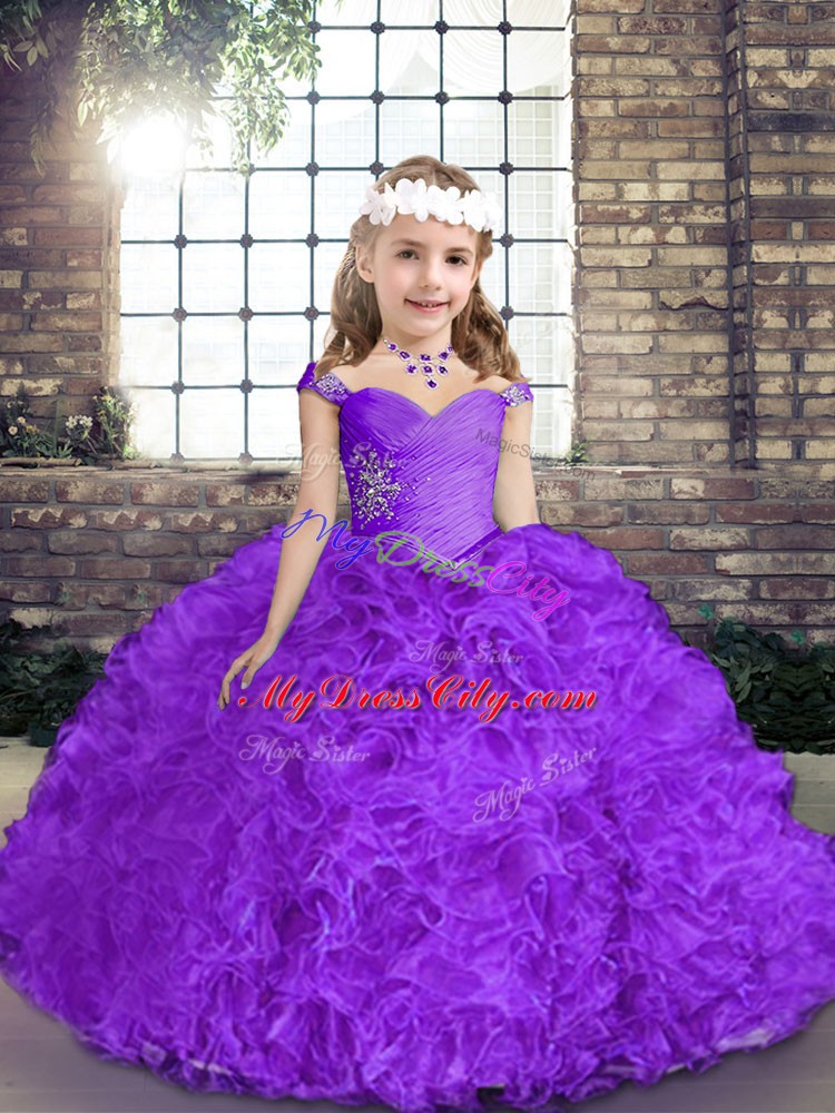 Custom Design Purple Fabric With Rolling Flowers Lace Up Girls Pageant Dresses Sleeveless Floor Length Beading