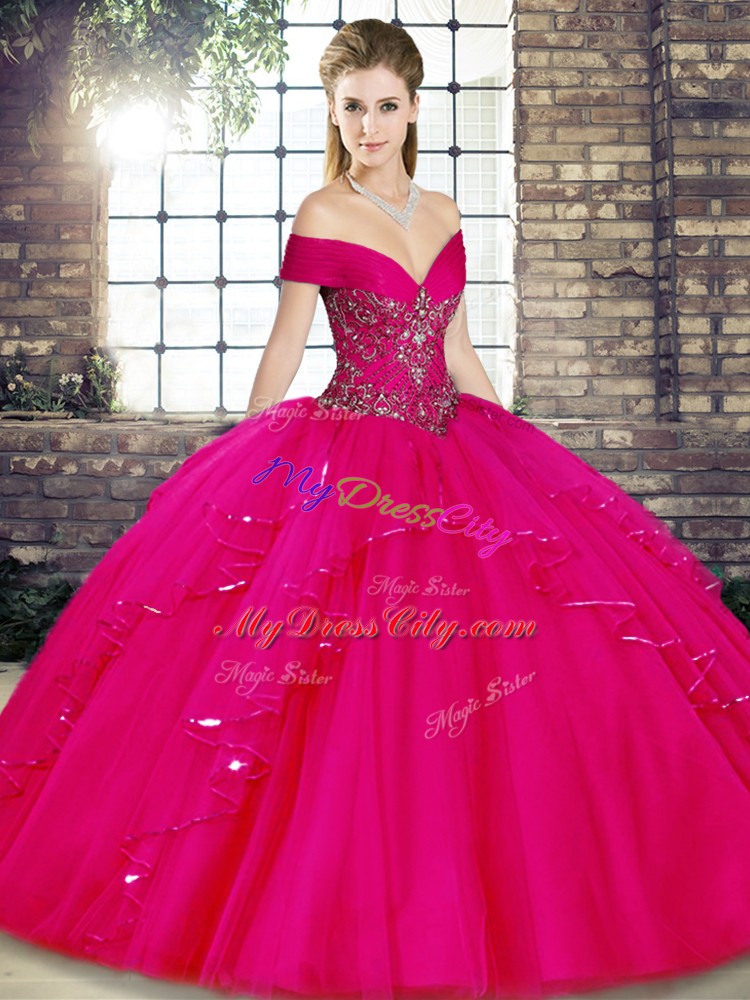 Affordable Floor Length Ball Gowns Sleeveless Fuchsia Quinceanera Gown Lace Up