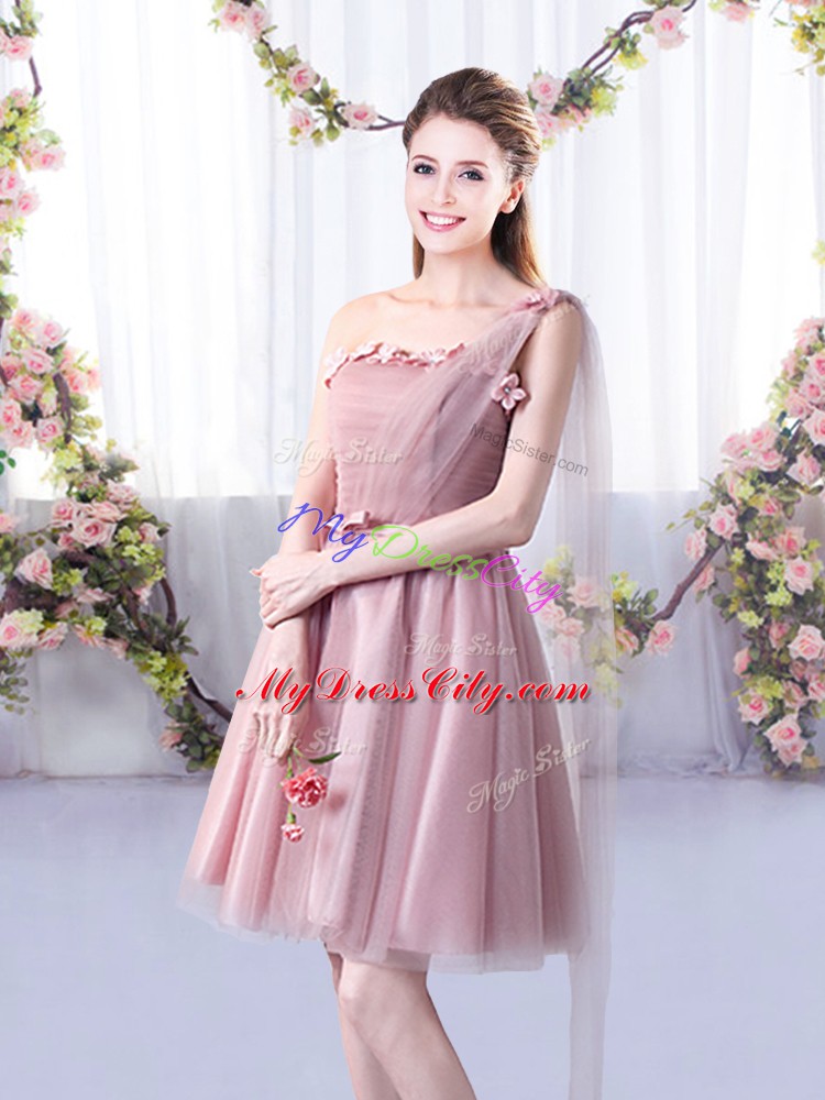 Amazing Pink Tulle Lace Up Wedding Guest Dresses Sleeveless Knee Length Appliques and Belt