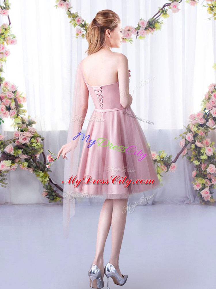 Amazing Pink Tulle Lace Up Wedding Guest Dresses Sleeveless Knee Length Appliques and Belt