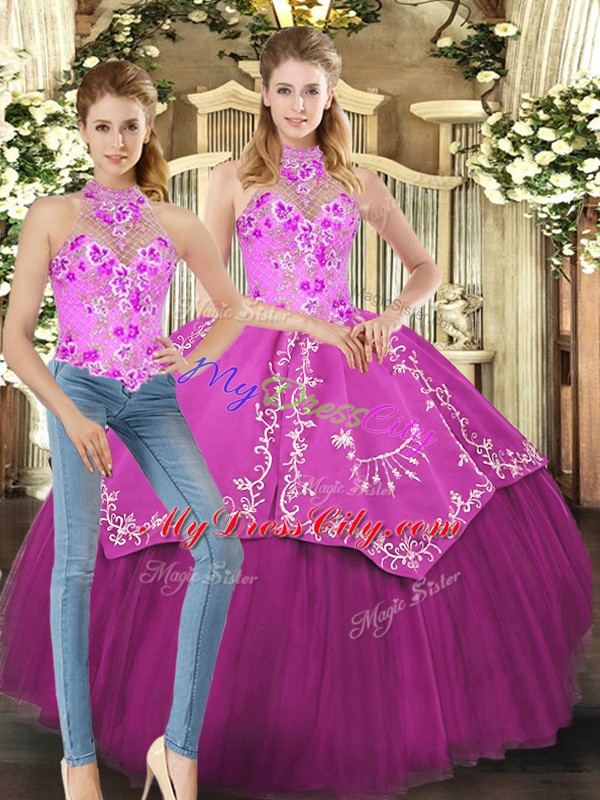 Sumptuous Fuchsia Lace Up 15 Quinceanera Dress Embroidery Sleeveless Floor Length