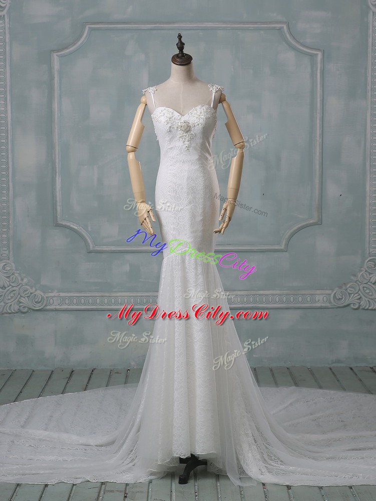 Elegant White Wedding Dress Wedding Party with Beading and Lace Spaghetti Straps Sleeveless Court Train Backless