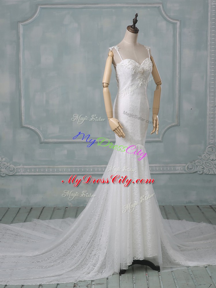 Elegant White Wedding Dress Wedding Party with Beading and Lace Spaghetti Straps Sleeveless Court Train Backless