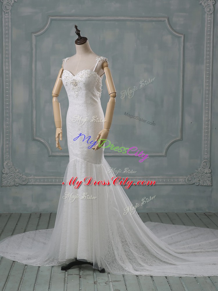 Elegant White Wedding Dress Wedding Party with Beading and Lace Spaghetti Straps Sleeveless Court Train Backless