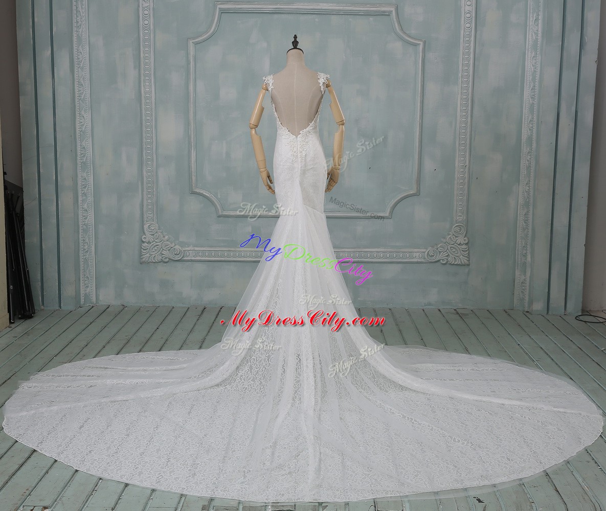 Elegant White Wedding Dress Wedding Party with Beading and Lace Spaghetti Straps Sleeveless Court Train Backless