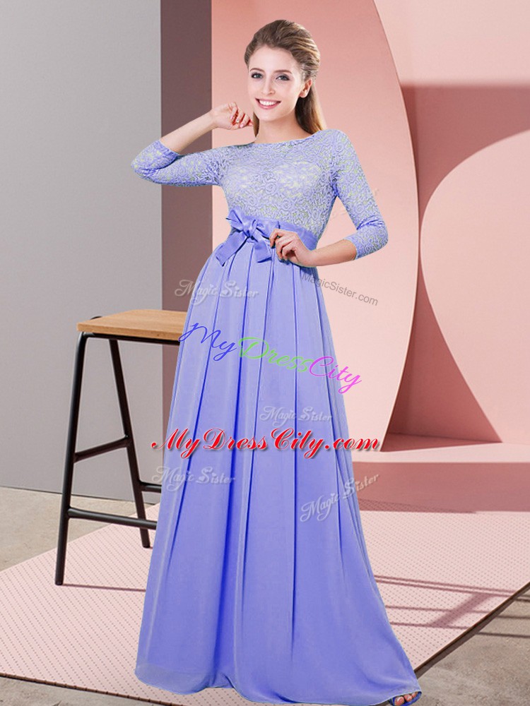 Elegant Scoop 3 4 Length Sleeve Dama Dress for Quinceanera Floor Length Lace and Belt Lavender Chiffon