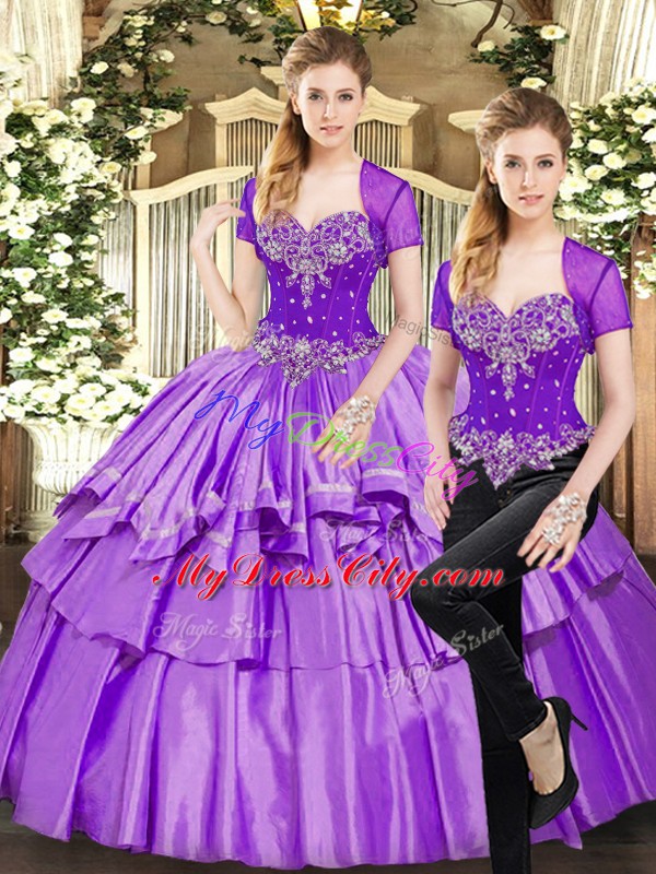 Lavender Two Pieces Beading and Ruffled Layers Quinceanera Dress Lace Up Organza and Taffeta Sleeveless Floor Length