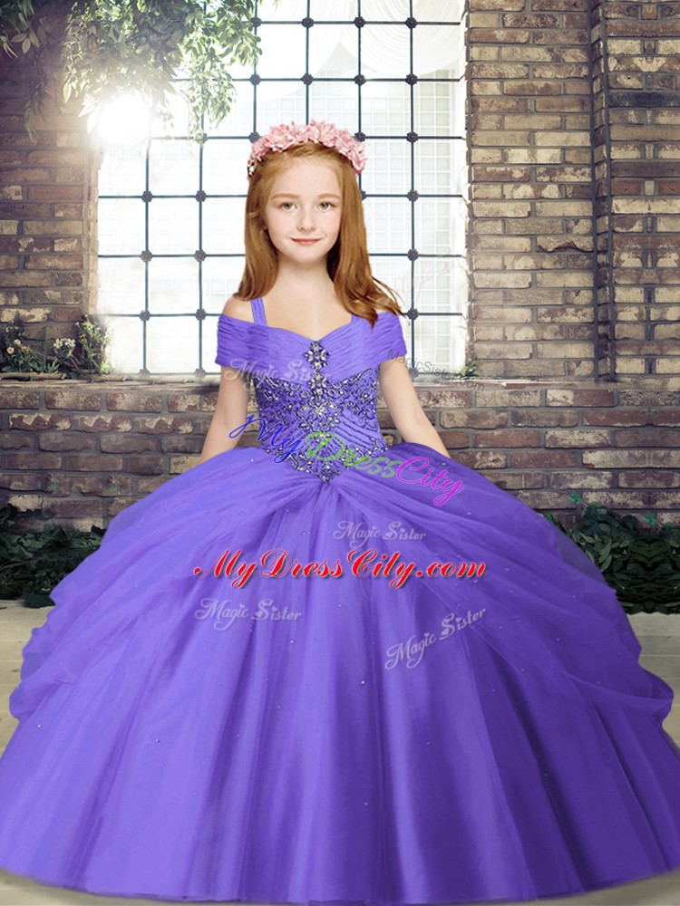 Attractive Ball Gowns Glitz Pageant Dress Lavender Spaghetti Straps Tulle Sleeveless Floor Length Lace Up