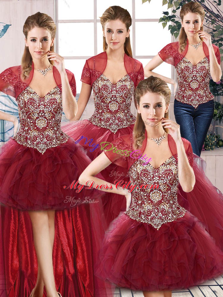 Traditional Burgundy Vestidos de Quinceanera Military Ball and Sweet 16 and Quinceanera with Beading and Ruffles Off The Shoulder Sleeveless Lace Up