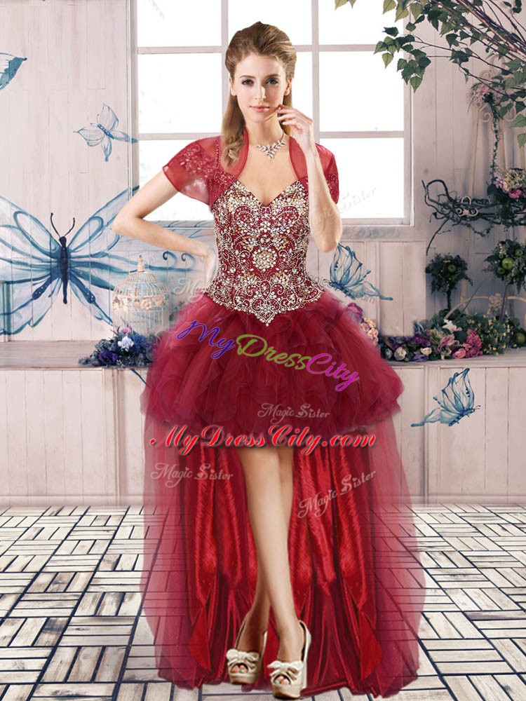 Traditional Burgundy Vestidos de Quinceanera Military Ball and Sweet 16 and Quinceanera with Beading and Ruffles Off The Shoulder Sleeveless Lace Up