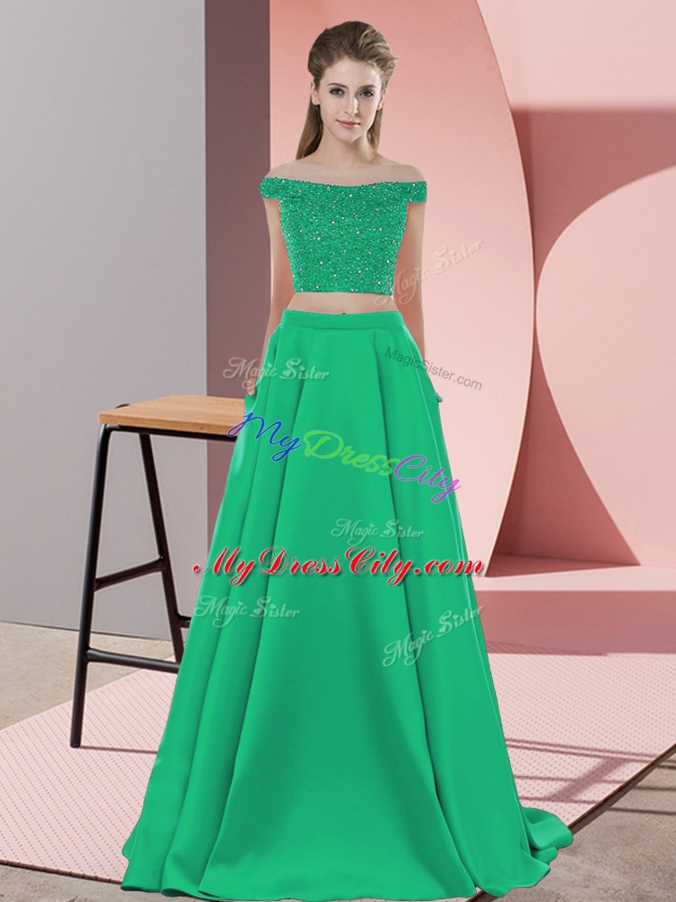 Turquoise Backless Evening Wear Beading Sleeveless Sweep Train