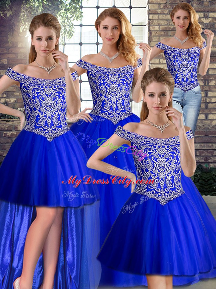 Inexpensive Royal Blue Quince Ball Gowns Military Ball and Sweet 16 and Quinceanera with Beading Off The Shoulder Sleeveless Brush Train Lace Up