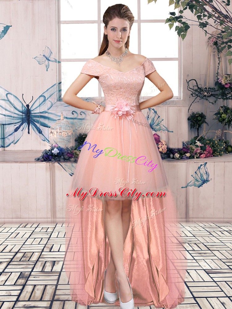 Pink Tulle Lace Up Prom Party Dress Short Sleeves High Low Lace and Hand Made Flower