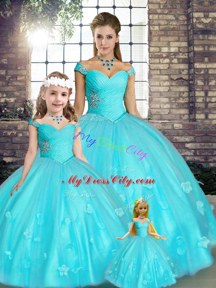 Floor Length Aqua Blue Sweet 16 Dress Tulle Sleeveless Beading and Appliques