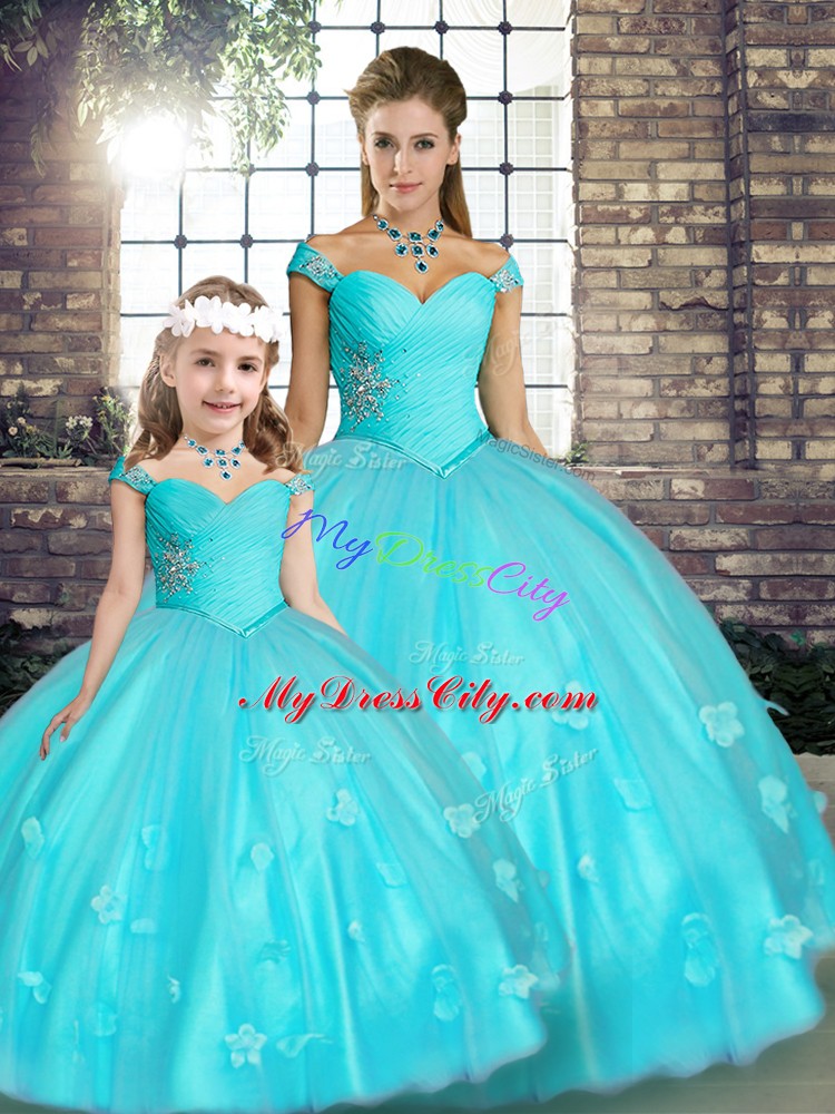 Floor Length Aqua Blue Sweet 16 Dress Tulle Sleeveless Beading and Appliques