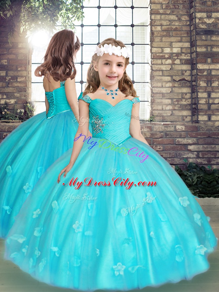 Floor Length Aqua Blue Sweet 16 Dress Tulle Sleeveless Beading and Appliques