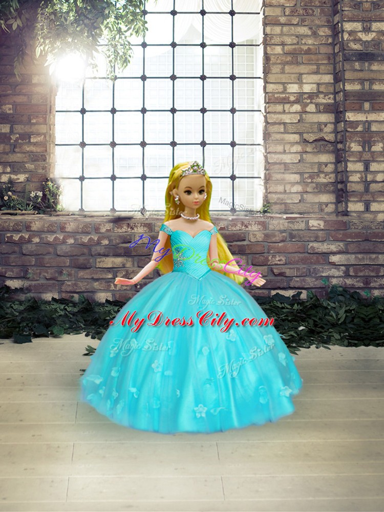 Floor Length Aqua Blue Sweet 16 Dress Tulle Sleeveless Beading and Appliques