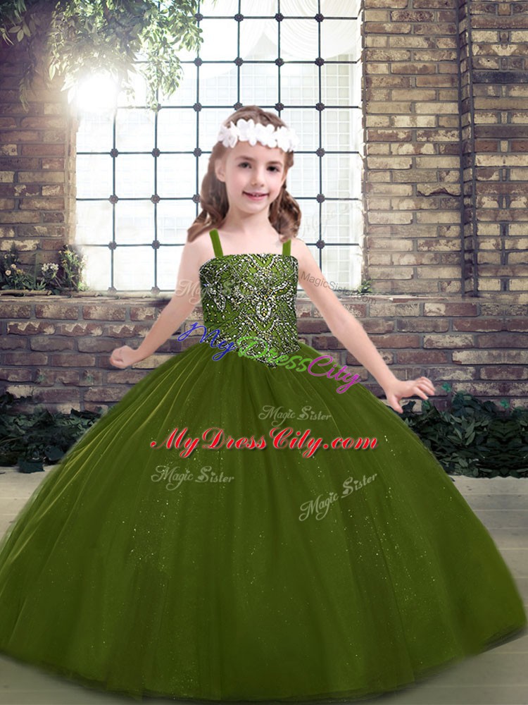 Ball Gowns Girls Pageant Dresses Olive Green Straps Tulle Sleeveless Floor Length Lace Up