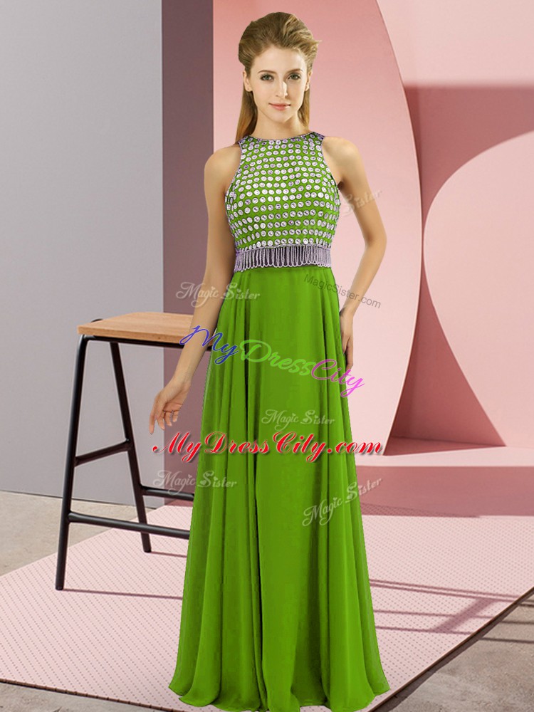 Chic Sleeveless Floor Length Beading Side Zipper Hoco Dress with Olive Green