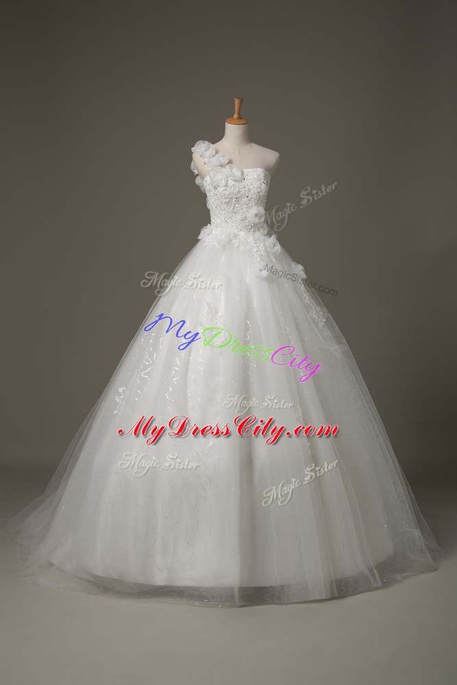 Luxury Beading and Lace and Hand Made Flower Bridal Gown White Lace Up Sleeveless Brush Train