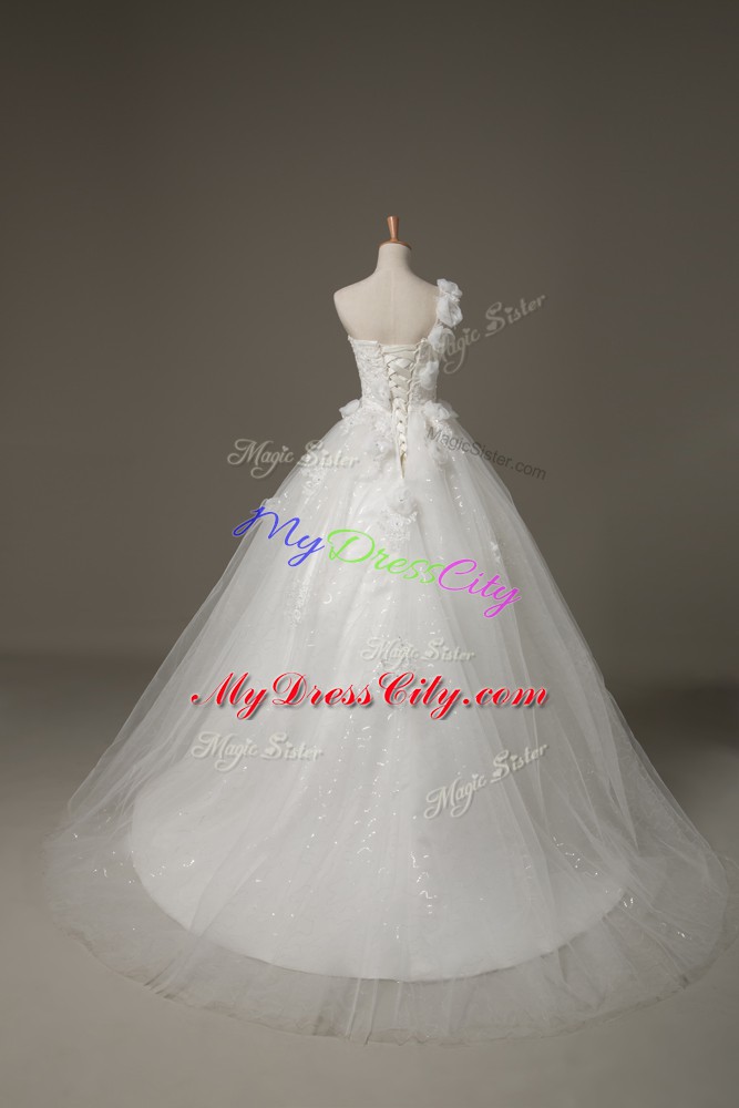 Luxury Beading and Lace and Hand Made Flower Bridal Gown White Lace Up Sleeveless Brush Train