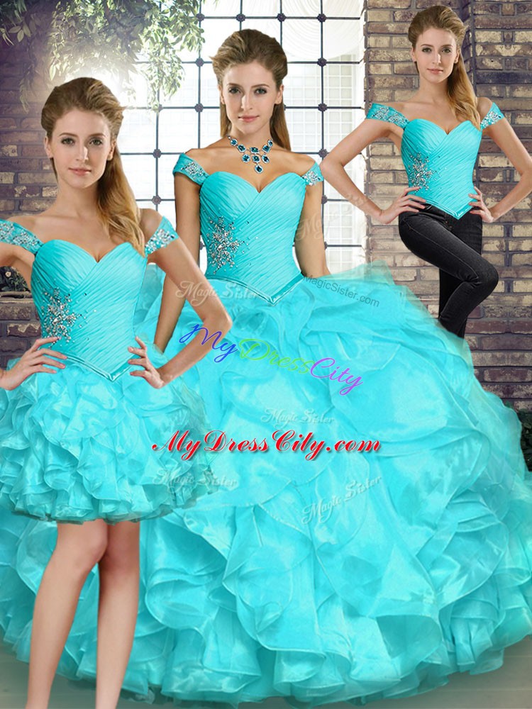 Inexpensive Off The Shoulder Sleeveless Lace Up 15th Birthday Dress Aqua Blue Organza