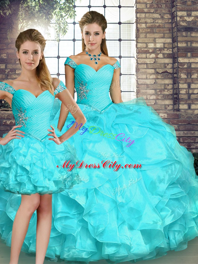 Inexpensive Off The Shoulder Sleeveless Lace Up 15th Birthday Dress Aqua Blue Organza