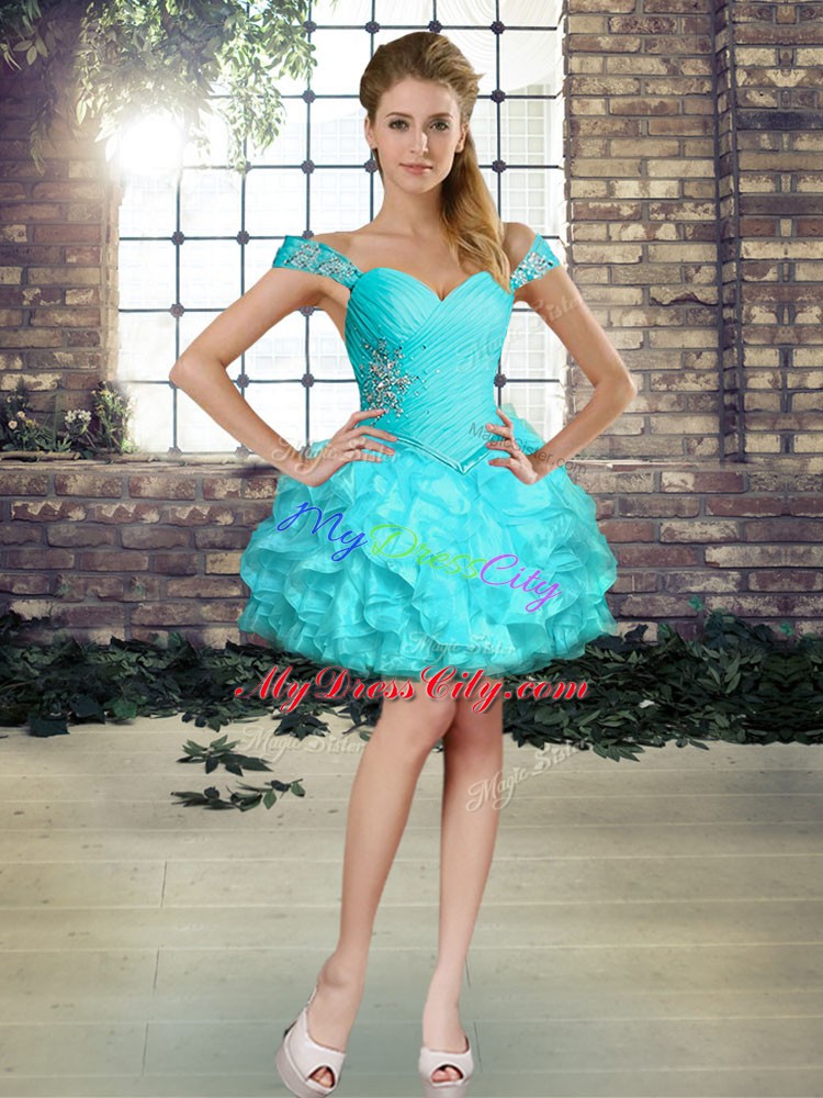 Inexpensive Off The Shoulder Sleeveless Lace Up 15th Birthday Dress Aqua Blue Organza